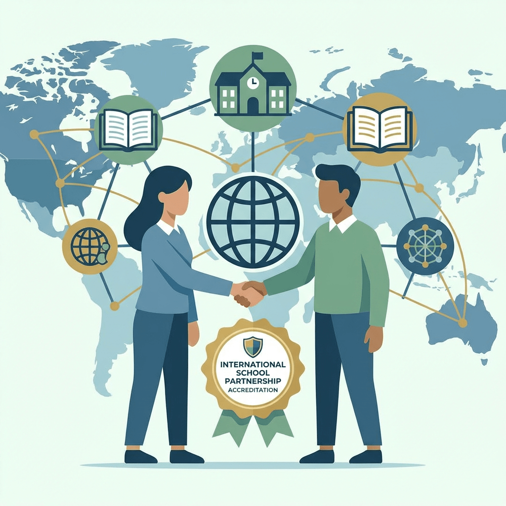 Illustration of two people shaking hands with educational icons and an international accreditation seal.